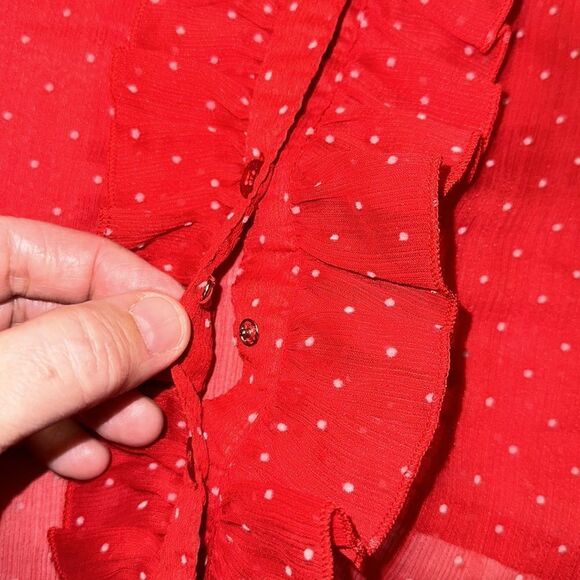 Guess L Red Textured Polka Dot Romantic Sheer Short Sleeve Collared Blouse - Picture 13 of 16